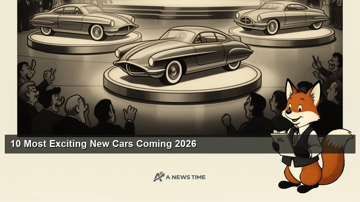 Sleek concept car on turntable at auto show with dramatic spotlight illumination