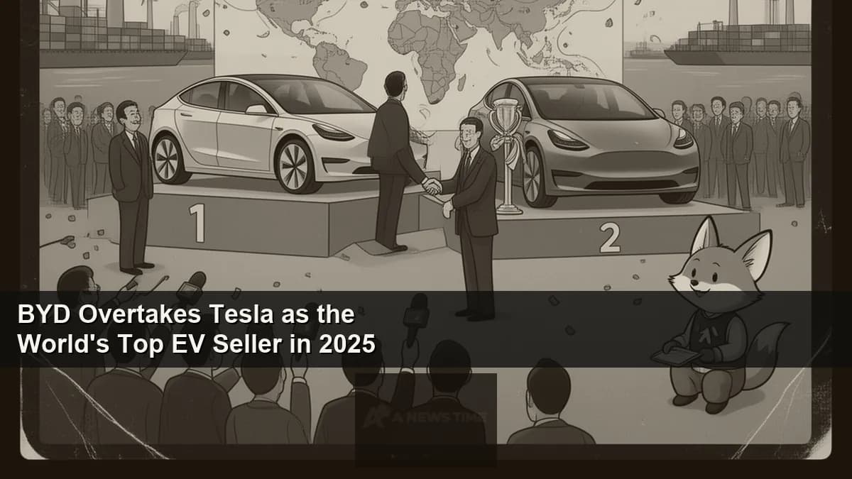 BYD electric vehicles lined up at factory loading dock with global sales leader banner displayed