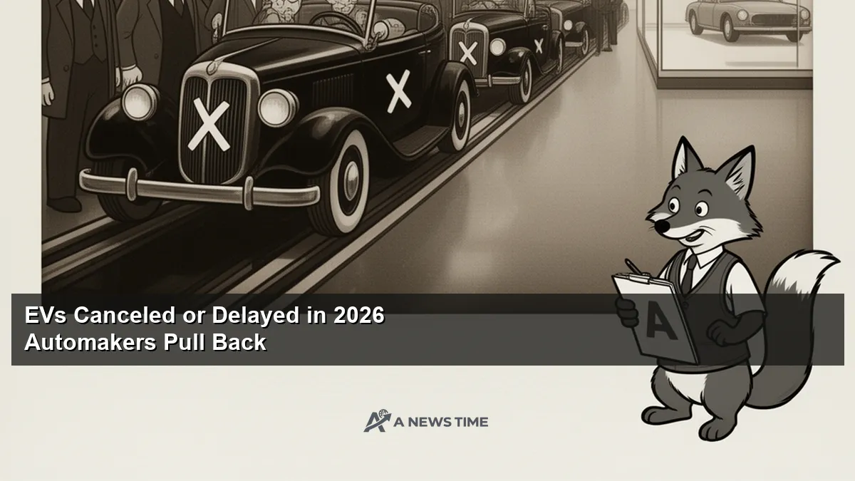 Row of electric vehicles parked at factory lot awaiting delayed production launch