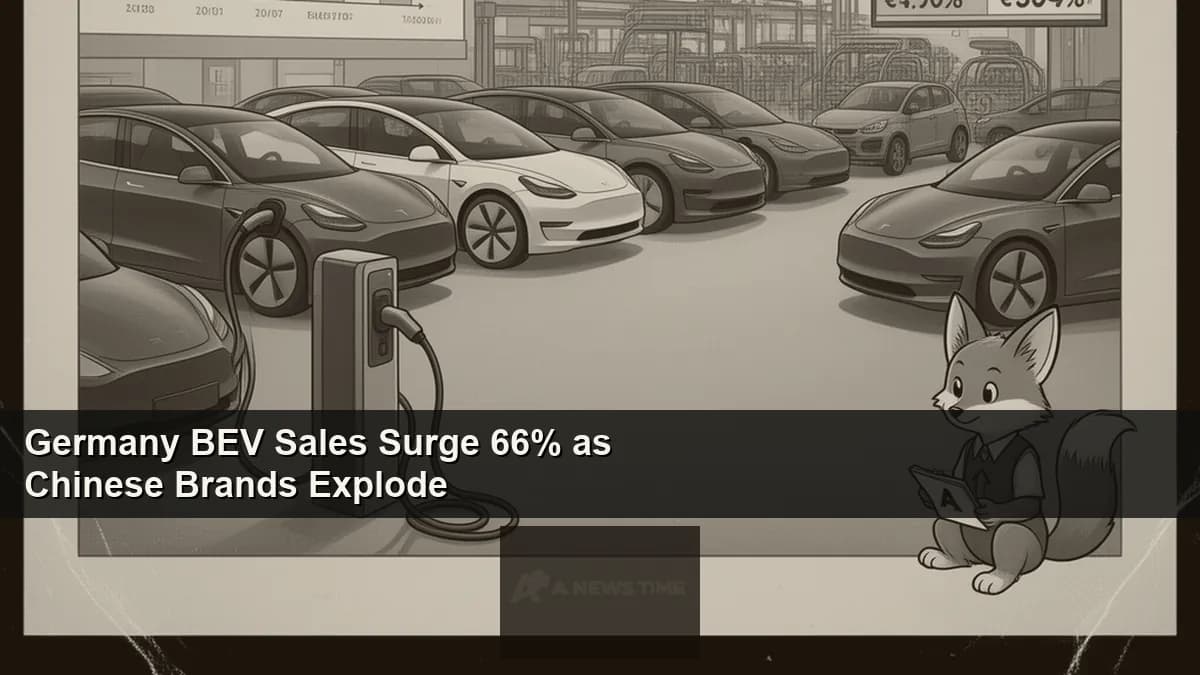 Electric vehicles lined up at German dealership showing BYD Tesla and Volkswagen models together