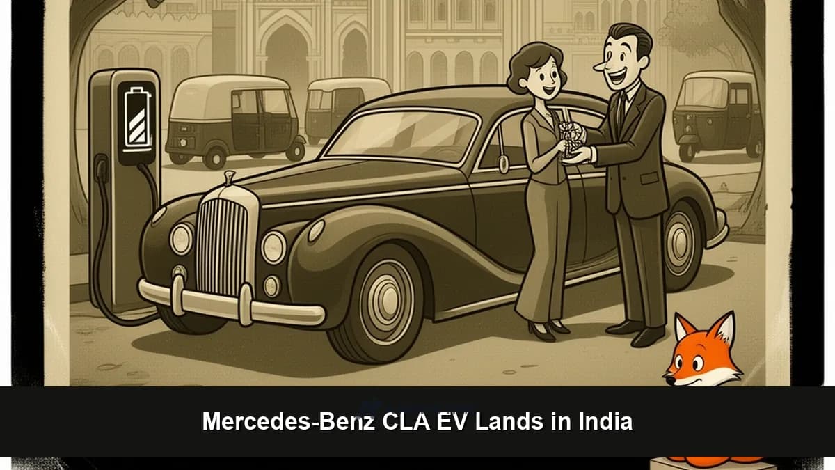 Mercedes-Benz CLA EV sedan front three-quarter view at India launch event with New Delhi backdrop