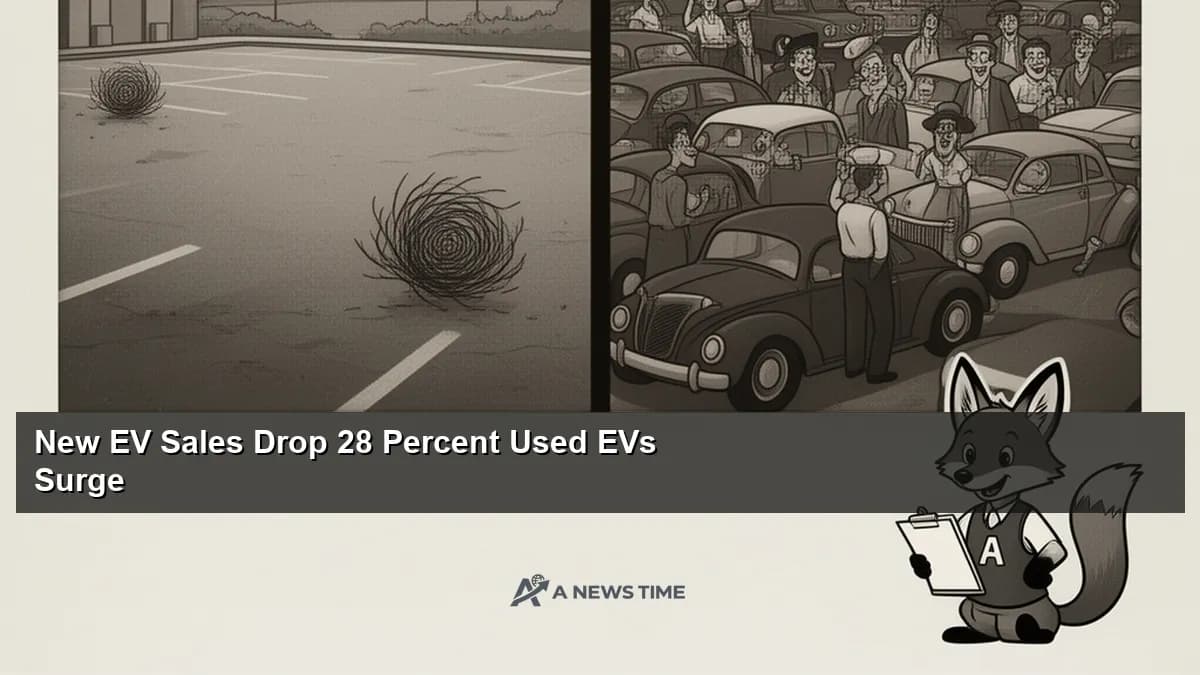 Used electric vehicle dealership lot with shoppers browsing affordable EV models