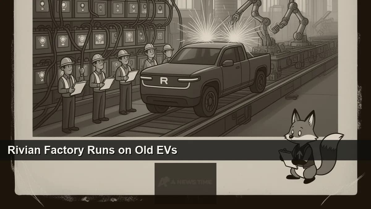 Rivian assembly plant in Normal Illinois with rows of recycled EV battery packs powering factory operations