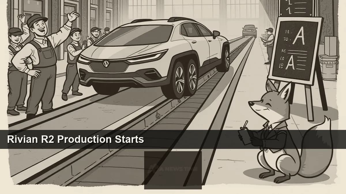 Rivian R2 electric SUV on production line at Normal Illinois manufacturing facility as customer deliveries prepare to begin in spring 2026