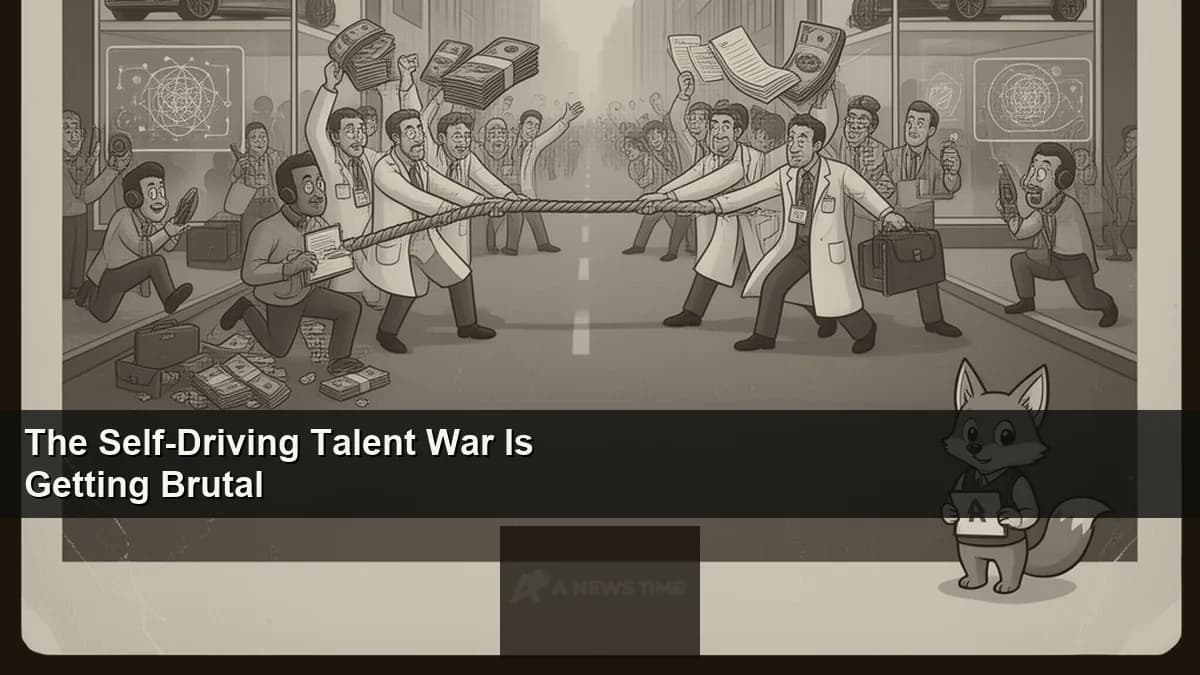 Autonomous vehicle engineers collaborating around sensor-equipped test vehicle in research facility