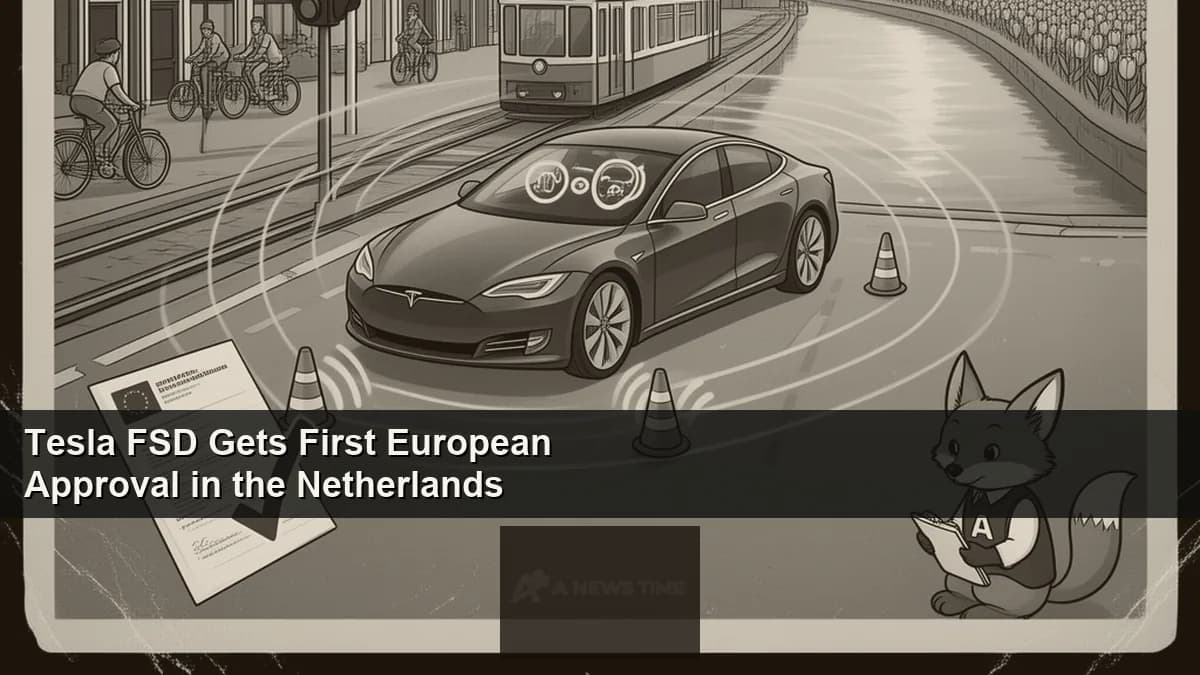 Tesla Model 3 driving on Amsterdam canal bridge with Dutch regulatory approval document overlay