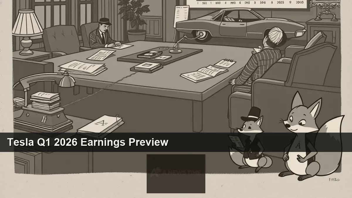 Tesla Model Y and Model 3 vehicles outside a California service center with a financial earnings chart overlay showing declining Q1 2026 registrations