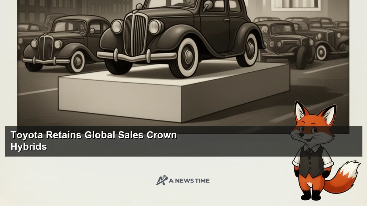 Toyota hybrid vehicles lined up at manufacturing plant with global sales milestone banner