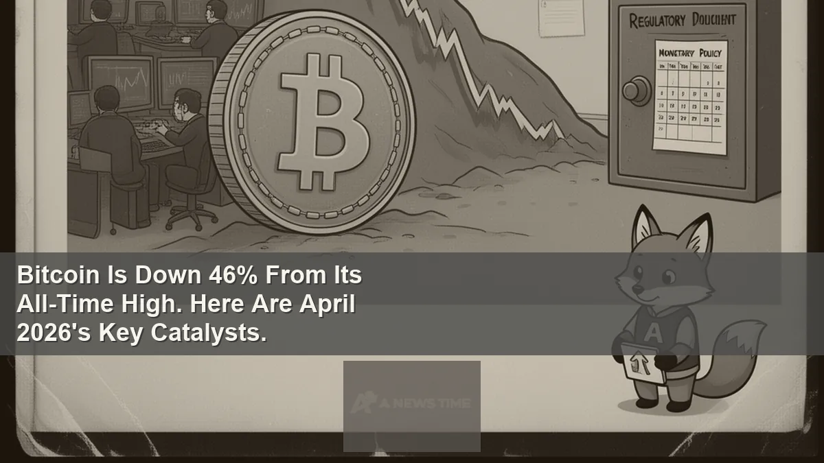 Bitcoin price chart showing 46 percent decline from all-time high with April 2026 catalysts listed