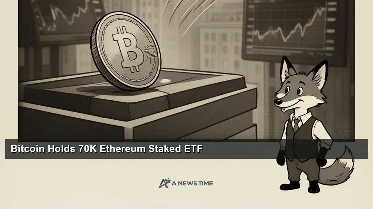 Bitcoin and Ethereum cryptocurrency logos with ETF approval news ticker display