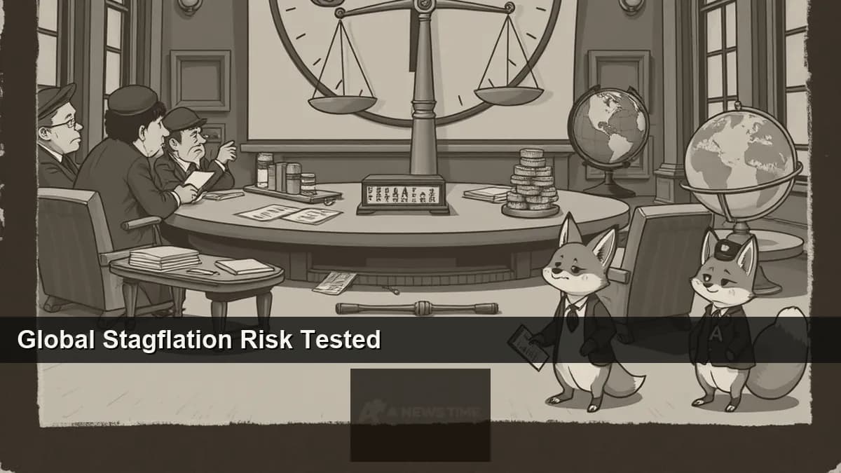Economic charts showing slowing growth lines rising against stubborn inflation curves representing global stagflation risk in April 2026