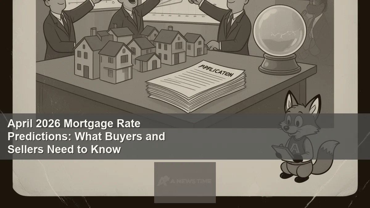 For sale sign in front of suburban home with April 2026 mortgage rate forecast data overlay