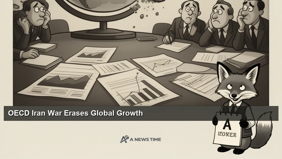 OECD headquarters in Paris with global economic growth forecast chart displayed
