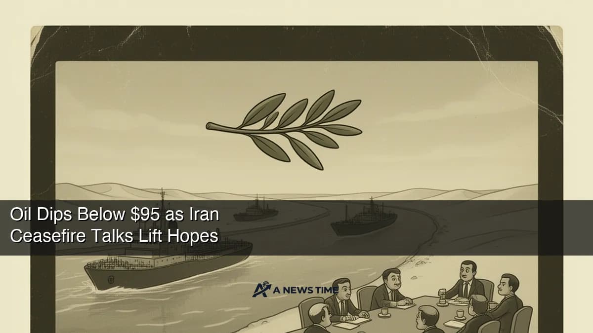 Oil tanker navigating the Strait of Hormuz with crude price ticker showing decline below ninety-five dollars