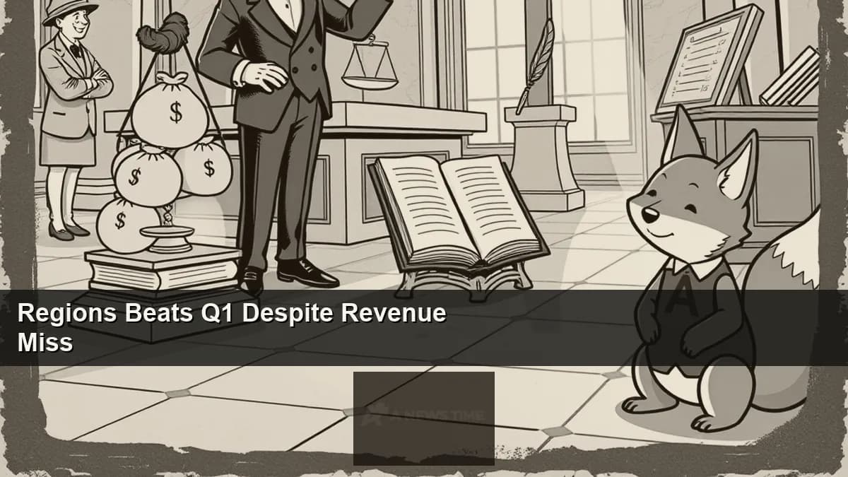 Regions Financial bank branch exterior with a pre-market earnings ticker showing a 1.47% pre-market gain after Q1 EPS beat