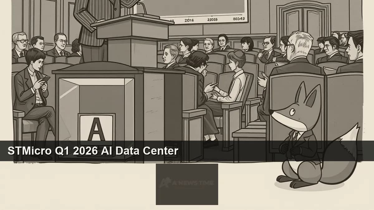 STMicroelectronics semiconductor wafer and Q1 2026 earnings presentation materials showing AI data center revenue guidance