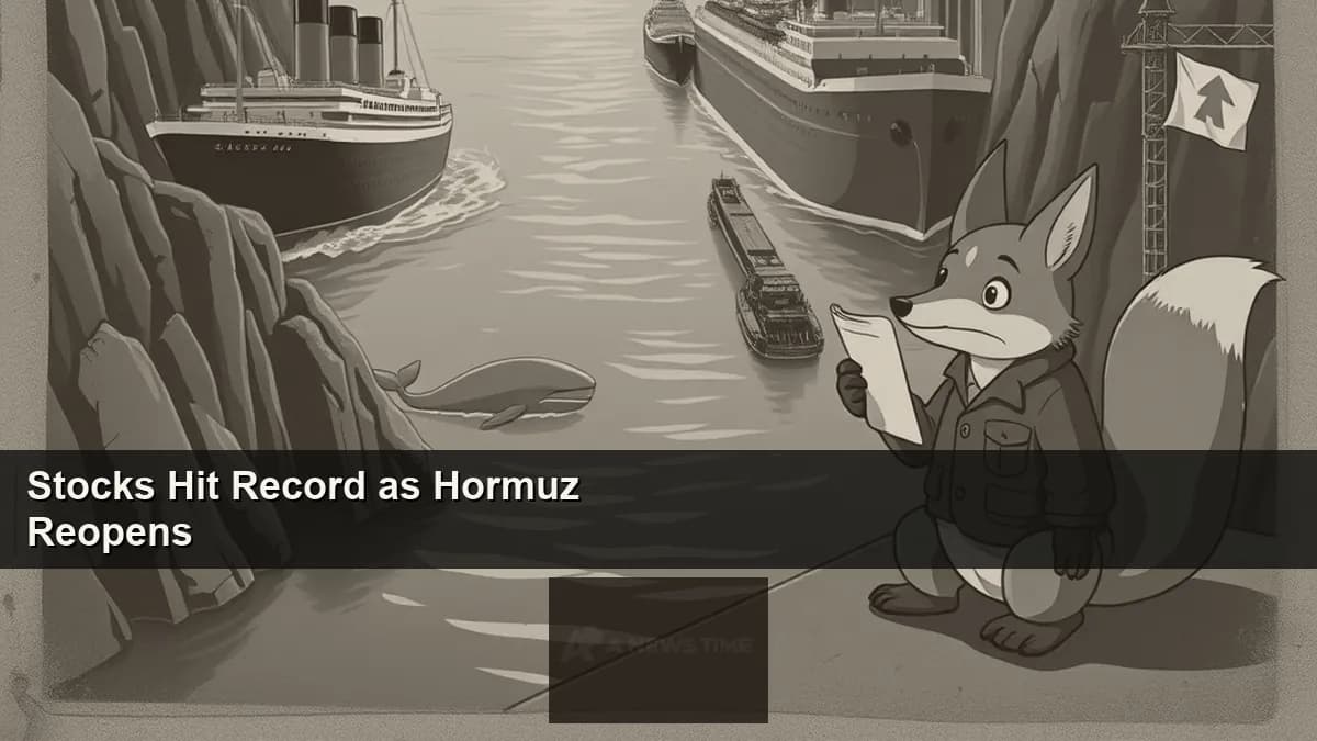 Oil tankers queued near the Strait of Hormuz with a trading floor overlay representing the post-reopening market rally and recovery