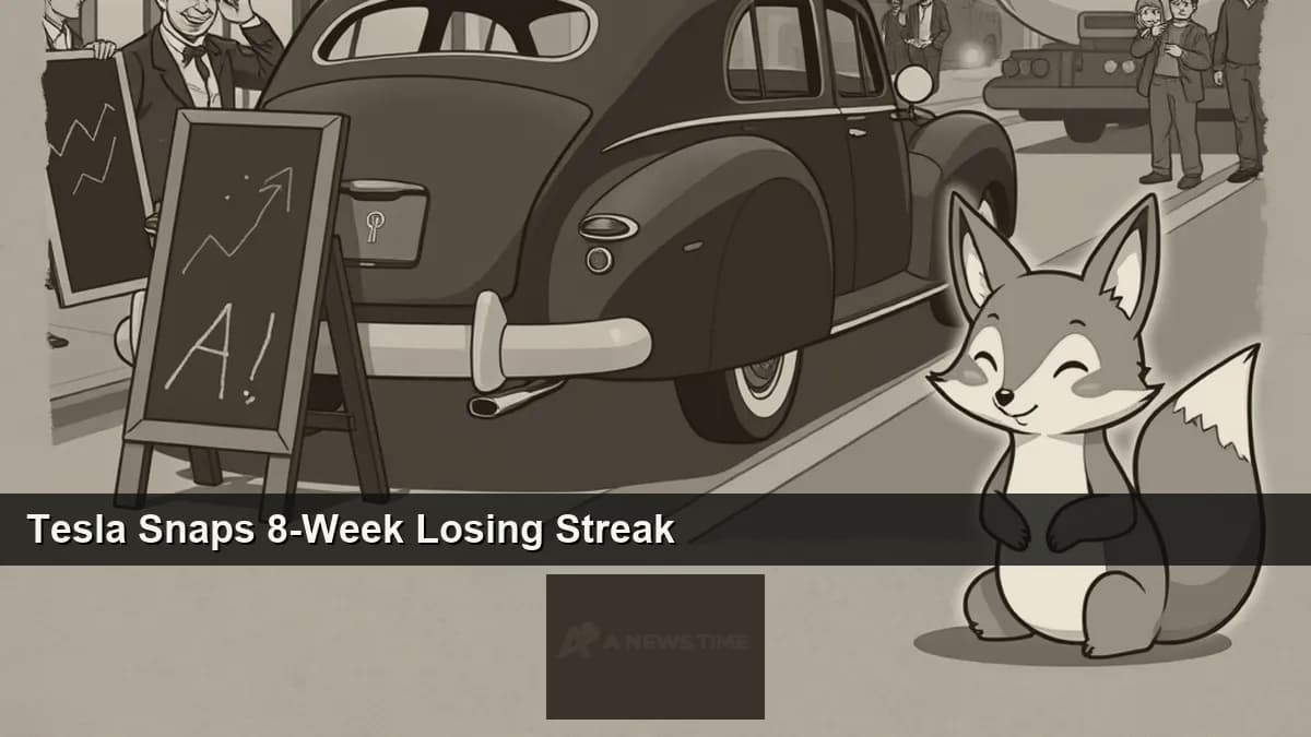 Tesla Model Y parked at a charging station with a stock chart showing an 8-week losing streak ending on rising volume