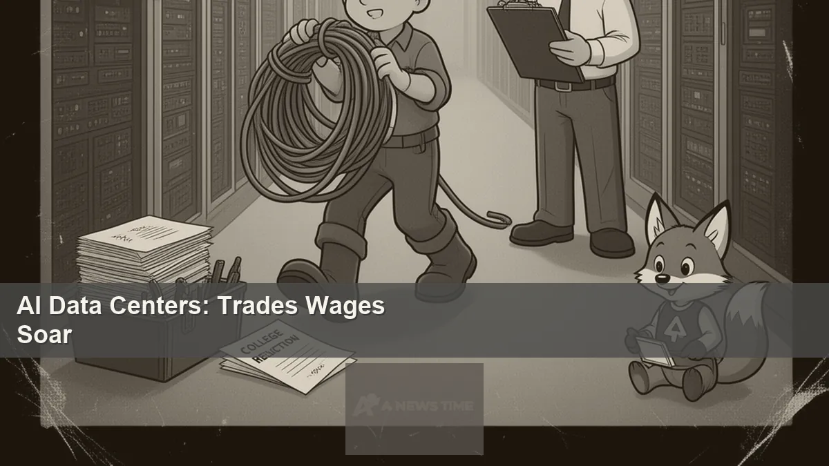 Electrician working inside a large data center server room with overhead lighting