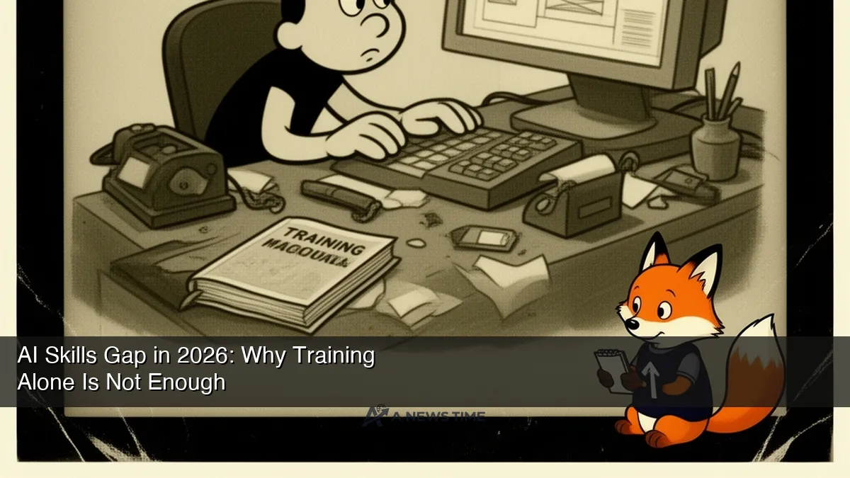 Office workers at computers with AI training interface showing gap between learning and application