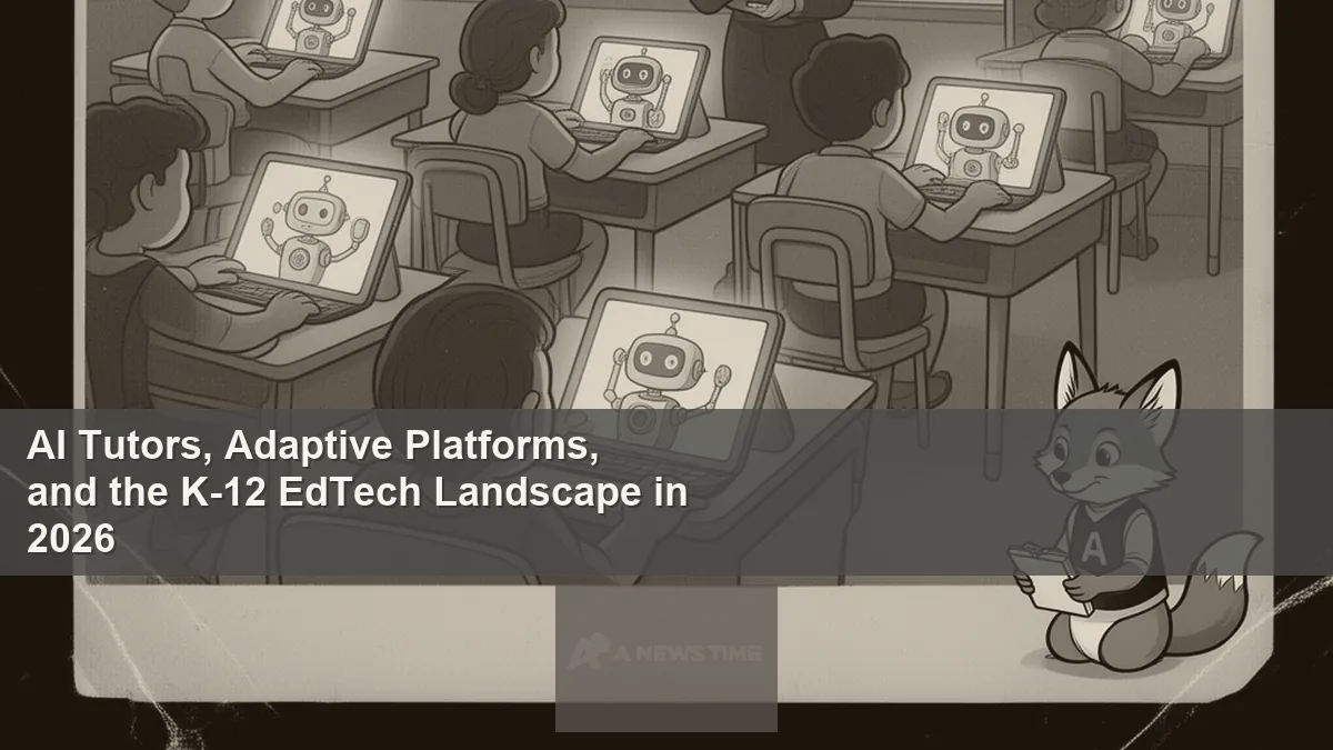 Student using AI-powered tutoring tablet in modern K-12 classroom with teacher monitoring adaptive learning dashboard