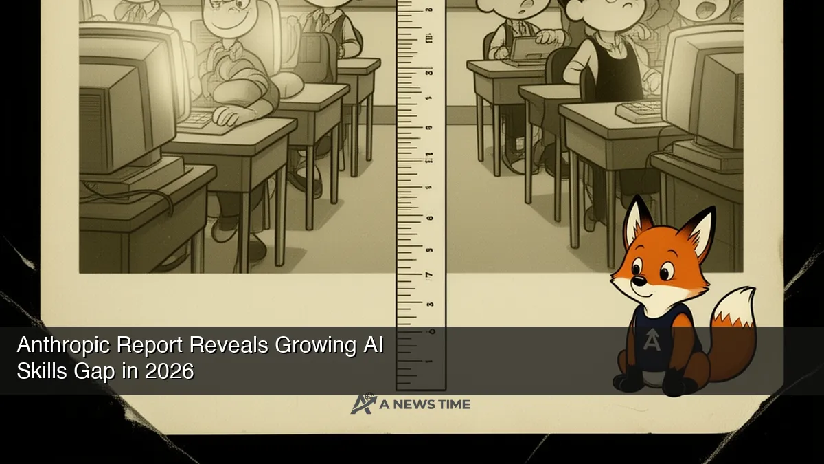 Classroom setting with students at computers showing diverging AI skill performance charts