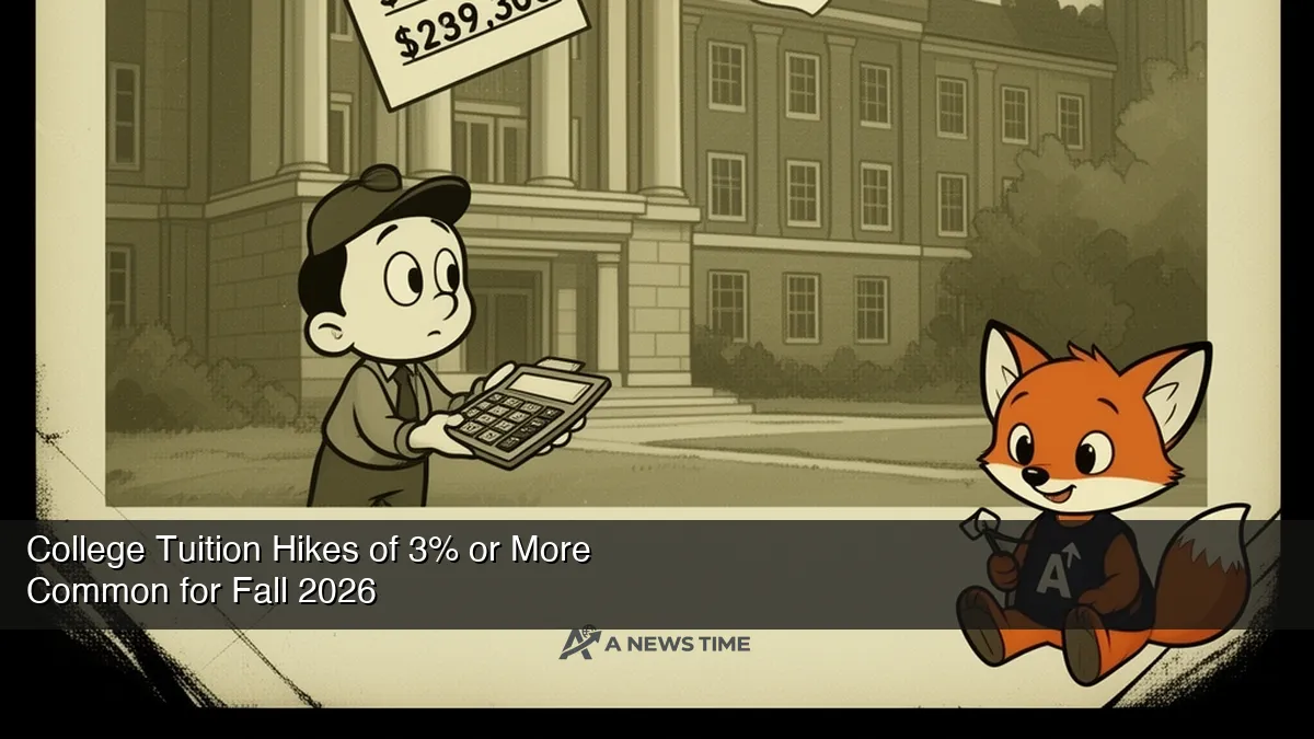 University campus building with tuition cost arrows rising and financial aid balance scale