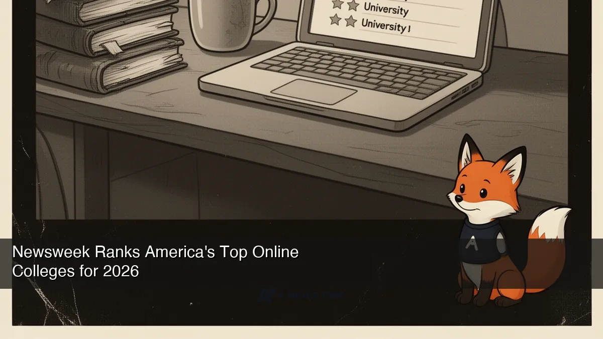 Laptop screen showing online college rankings with graduation cap and diploma nearby