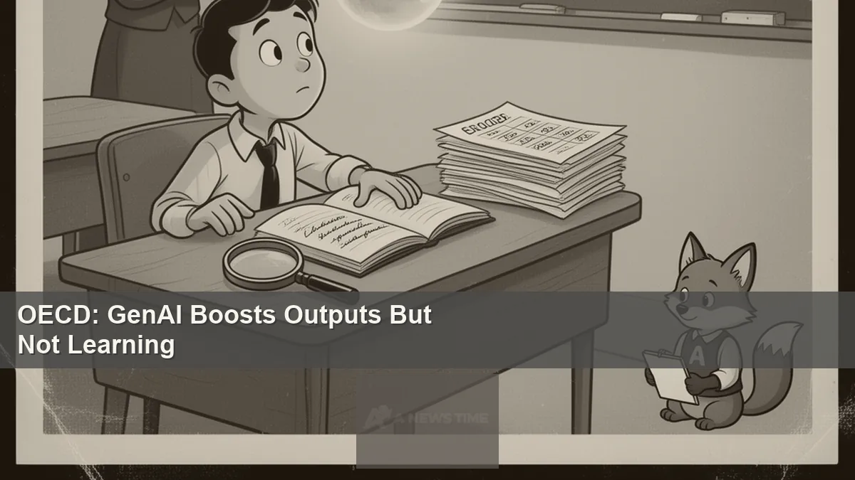 Student working on laptop with AI interface overlaid next to traditional classroom setting