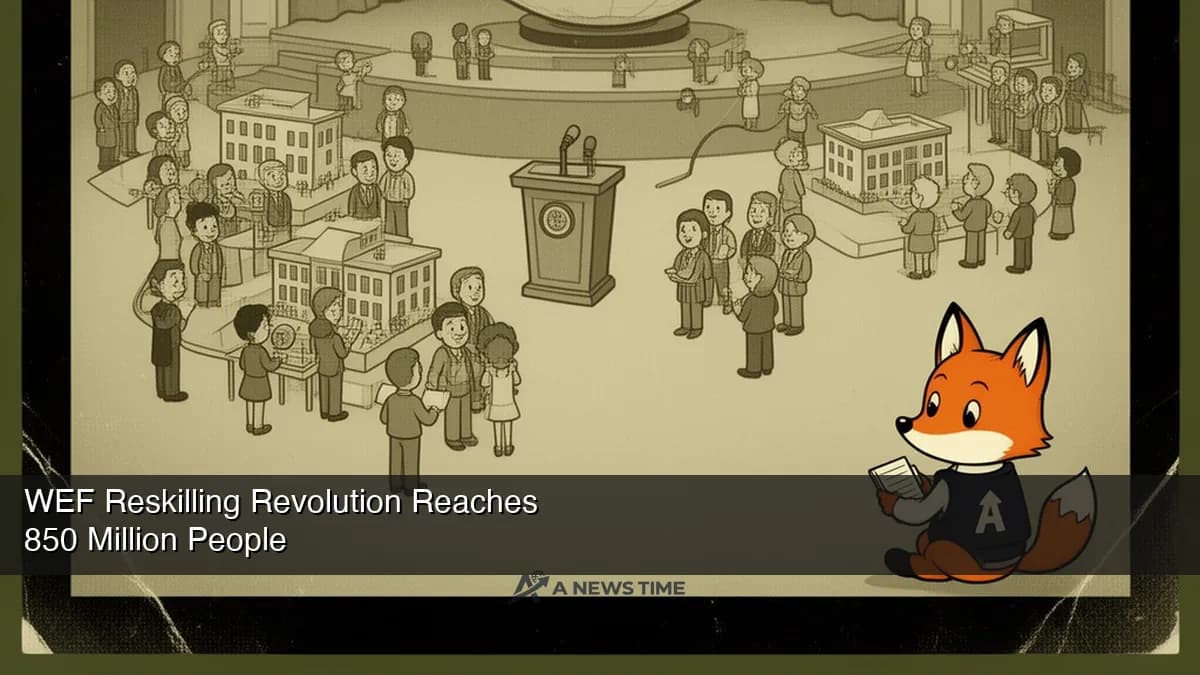 World Economic Forum Davos stage with reskilling initiative banner and global audience