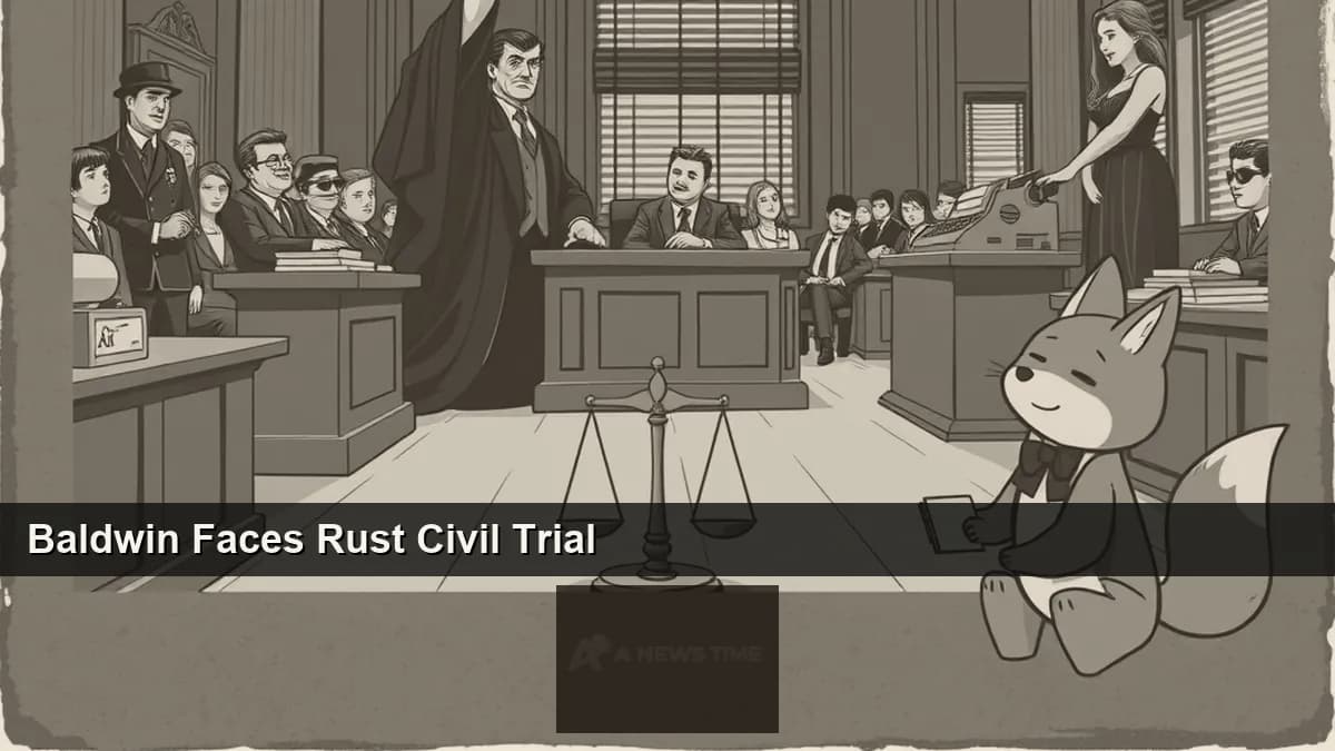 Alec Baldwin seated at a Los Angeles courtroom defense table with a court stenographer and attorneys during Rust civil hearing