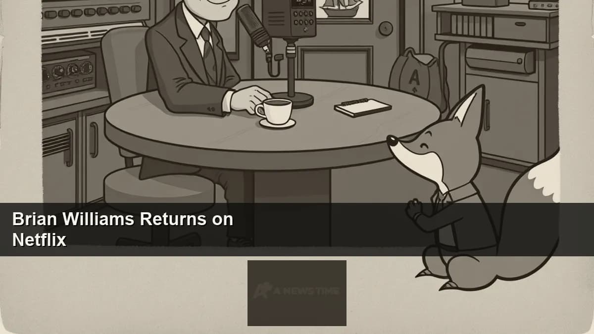 Brian Williams seated in a podcast studio with Netflix branding and microphones preparing for his new unscripted interview show