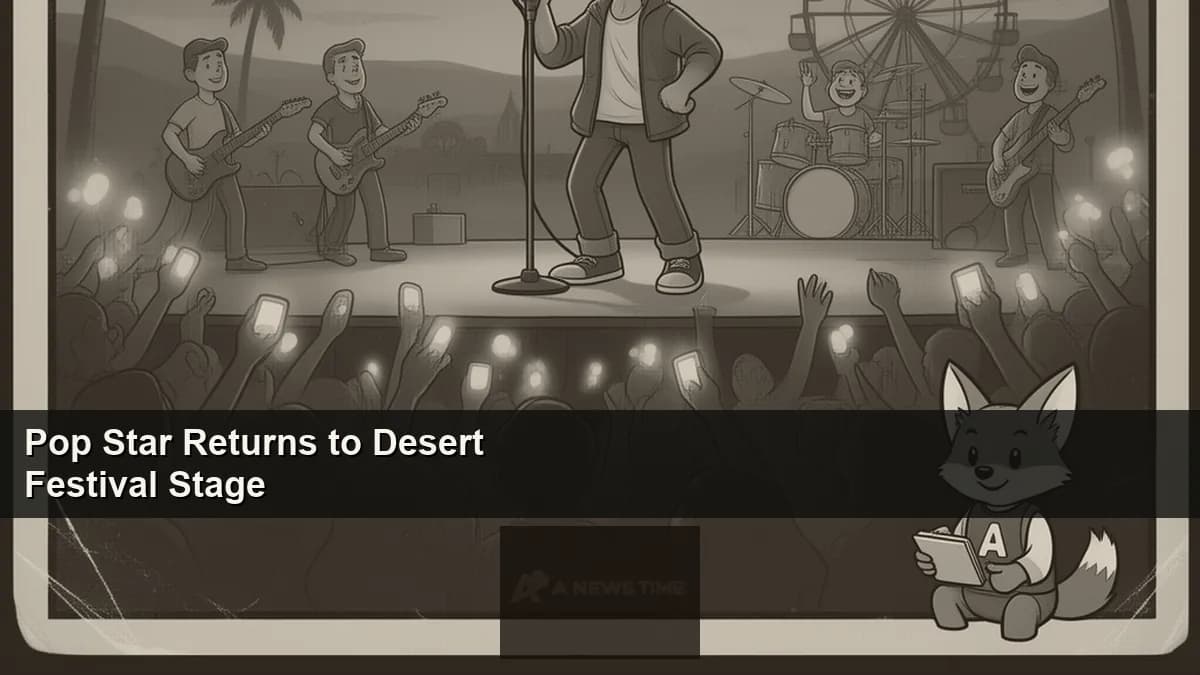 Justin Bieber performing at Coachella 2026 main stage under spotlight in front of large crowd