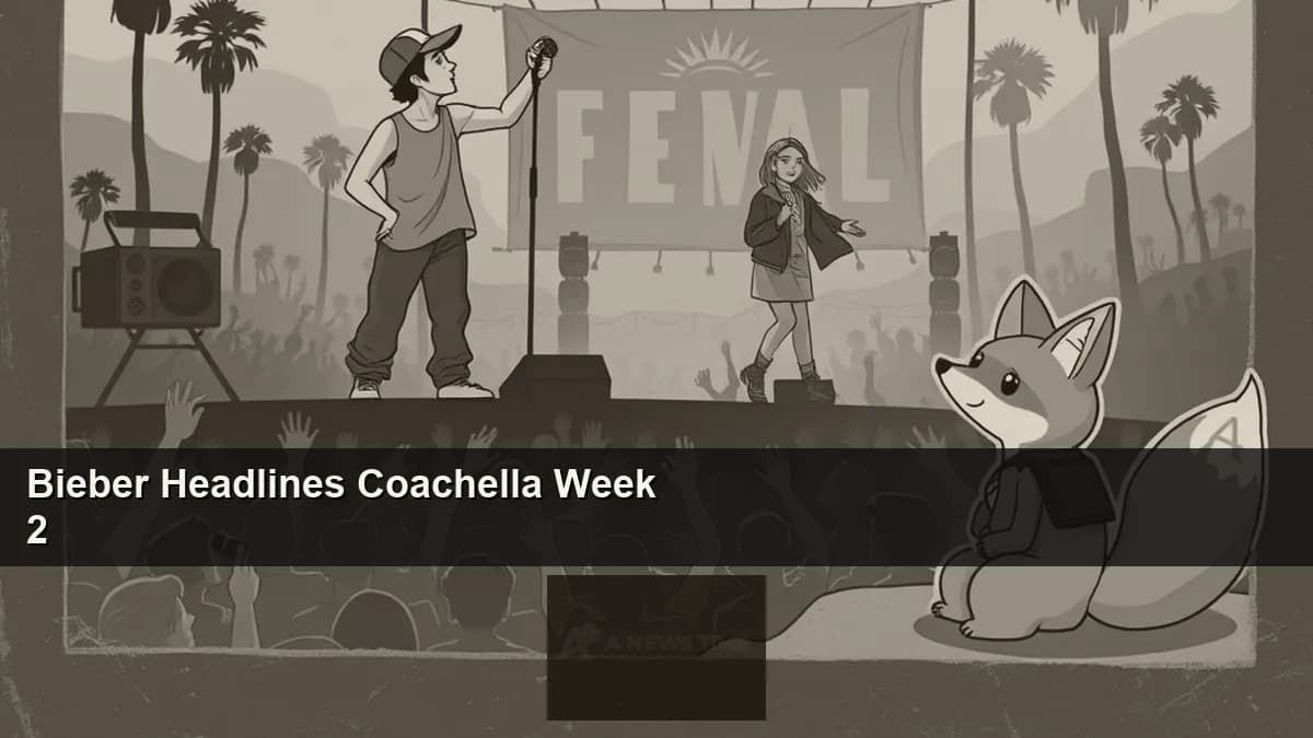 Justin Bieber performing on the Coachella main stage with Billie Eilish joining him during a sing-along moment on April 18 weekend two