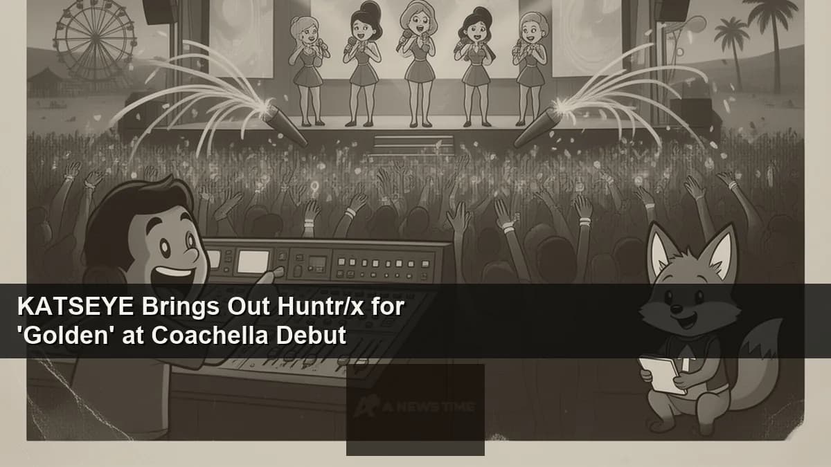 KATSEYE members perform with Huntr/x singers on the Sahara stage at Coachella under bright spotlights