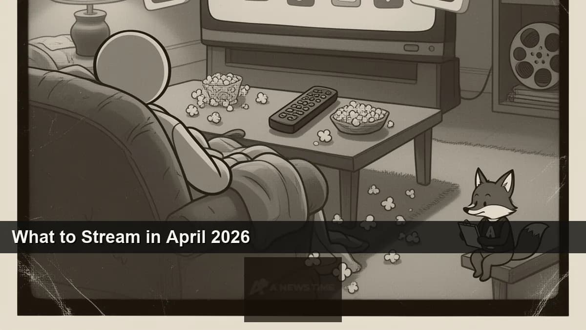 Multiple streaming platform logos arranged around television remote showing April 2026 viewing guide