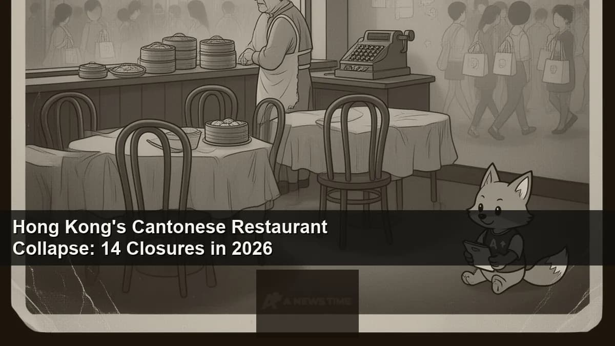 Empty Cantonese restaurant interior in Hong Kong with stacked chairs and dim lighting after closure announcement