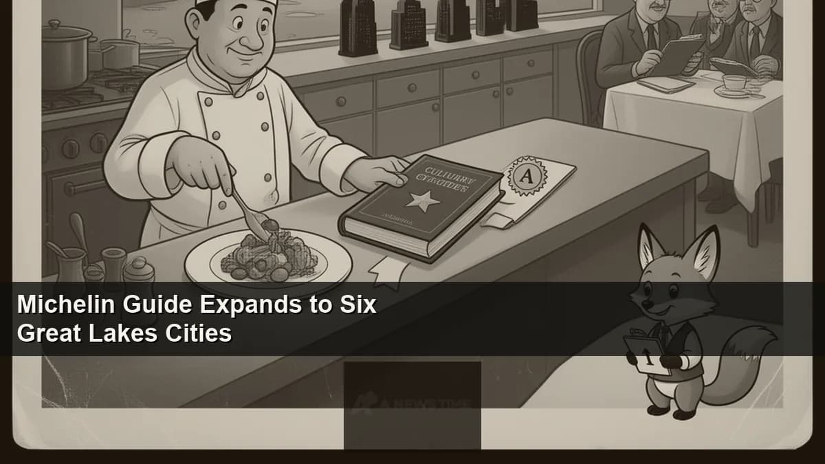 Michelin Guide red book displayed alongside Midwest restaurant plates and Great Lakes city skyline