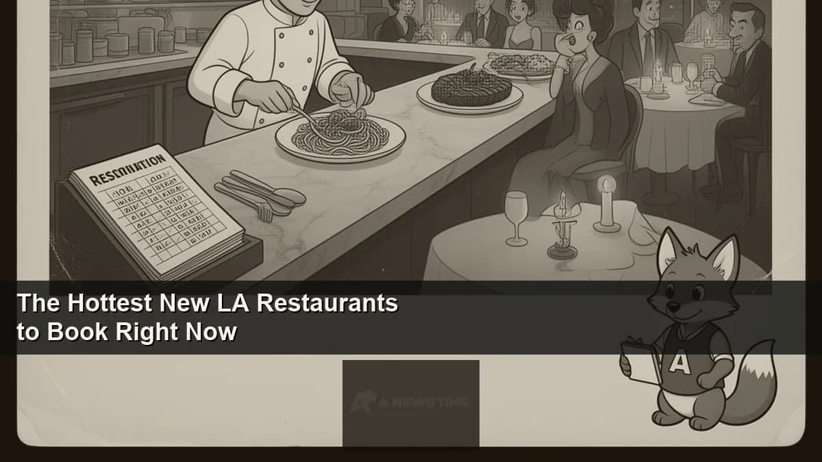 Stylish Los Angeles restaurant interior with candlelit tables and open kitchen visible