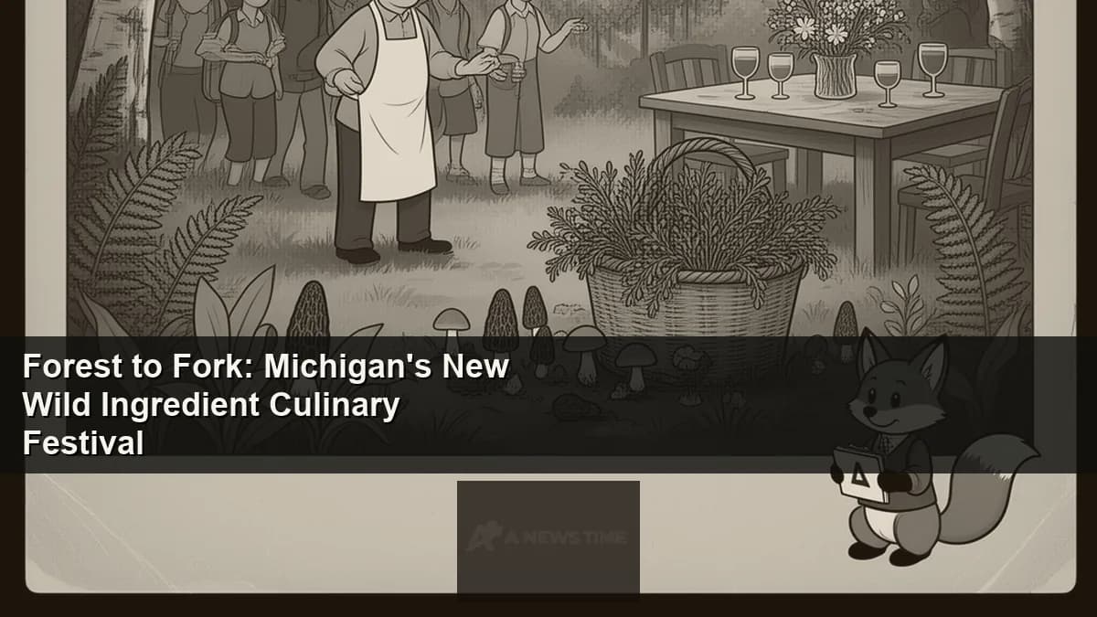 Forager harvesting morel mushrooms in Michigan hardwood forest in spring sunlight