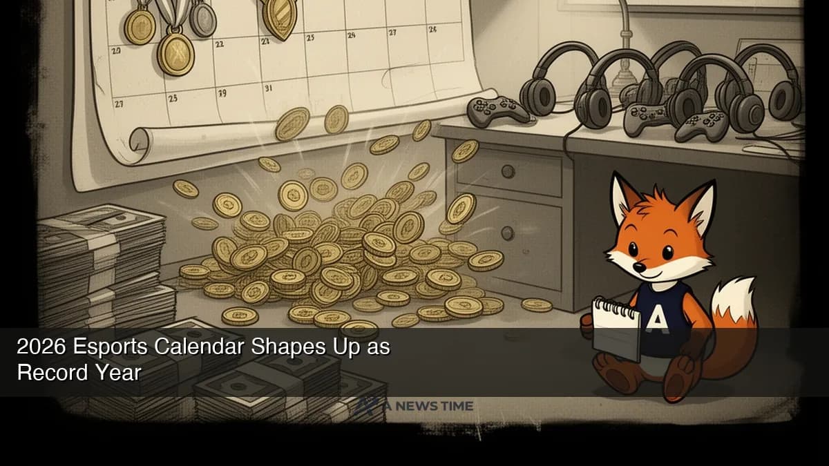 Esports tournament calendar montage showing major 2026 event logos and arena crowd shots