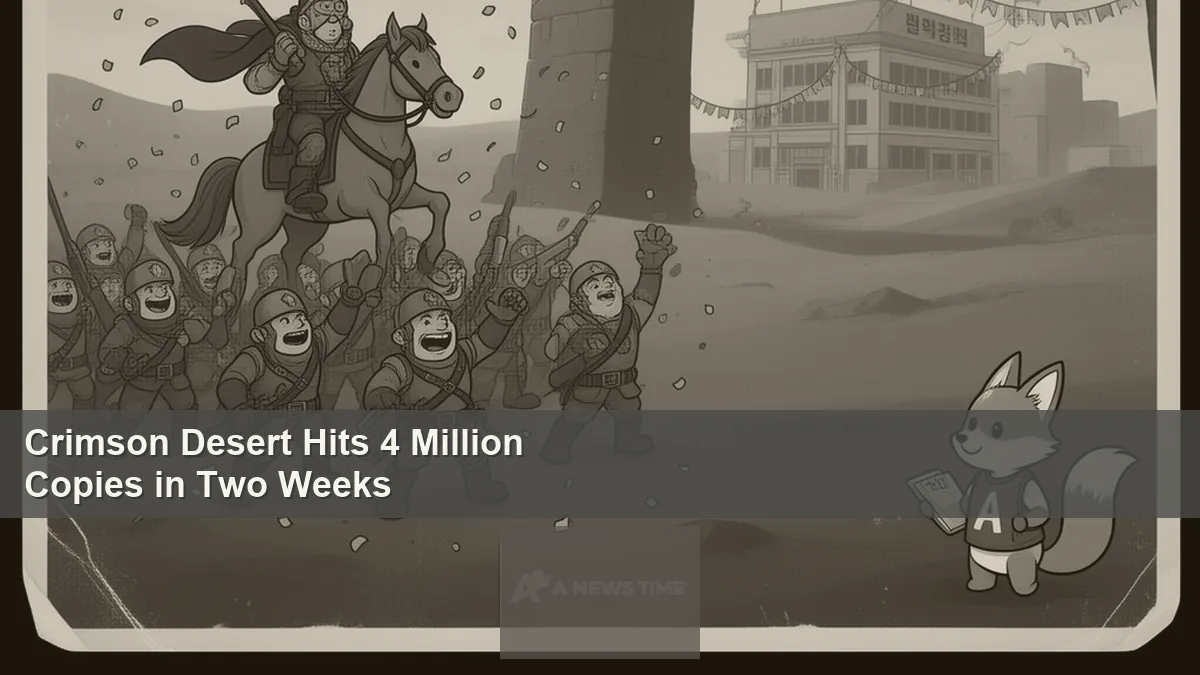 Crimson Desert Macduff protagonist in open-world fantasy landscape with milestone sales achievement banner