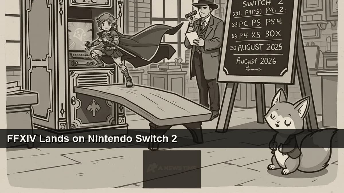 Final Fantasy XIV warrior of light character on Nintendo Switch 2 handheld console screen with August 2026 release date overlay