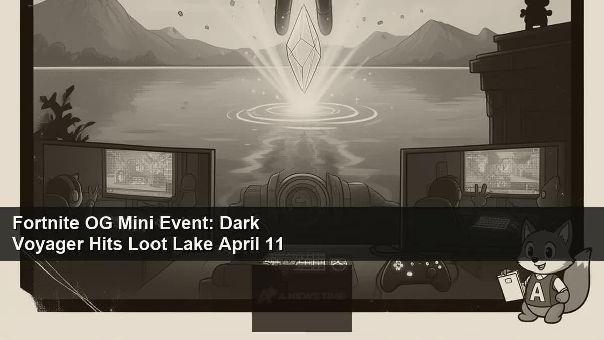 Fortnite Dark Voyager character above Loot Lake on the OG Chapter 1 map during in-game story moment