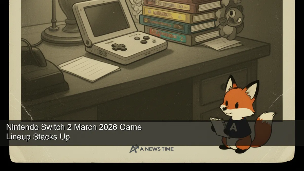 Nintendo Switch 2 console with March 2026 game cases including Pokemon Pokopia displayed