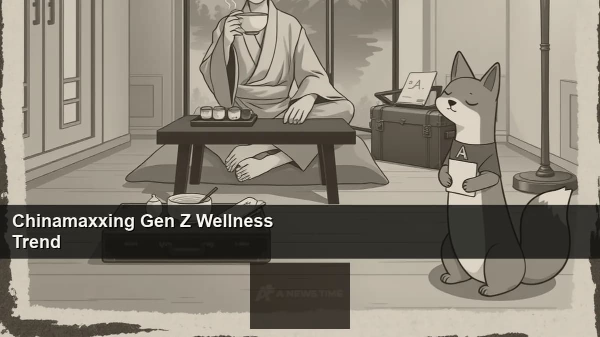 Young woman in Chinese-style skincare routine with herbal tea cup and indoor slippers in minimal apartment representing Chinamaxxing wellness trend