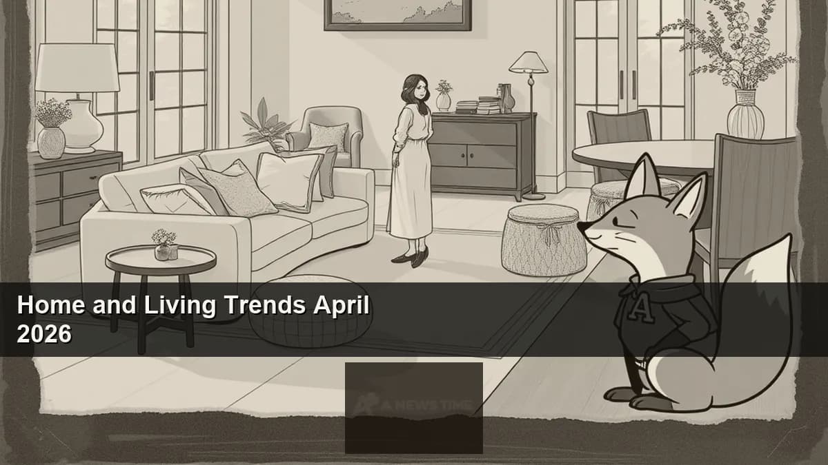 Warm modern living room with natural wood shelving botanical prints and ambient smart lighting illustrating 2026 design trends