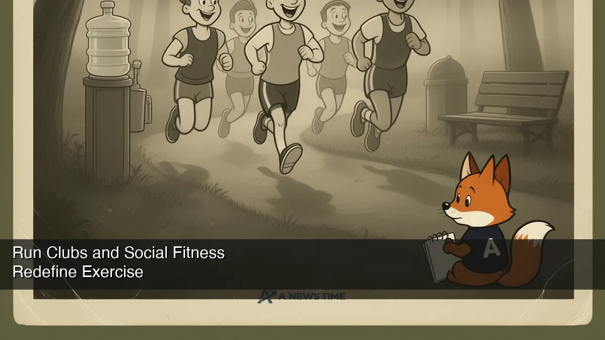 Group of runners laughing together during morning run club meetup in urban park setting