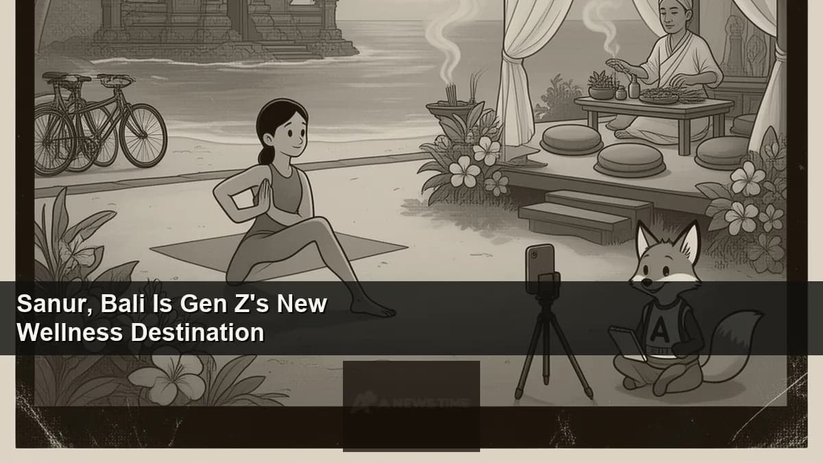 Yoga session on Sanur beach at sunrise with traditional Balinese temple visible in background