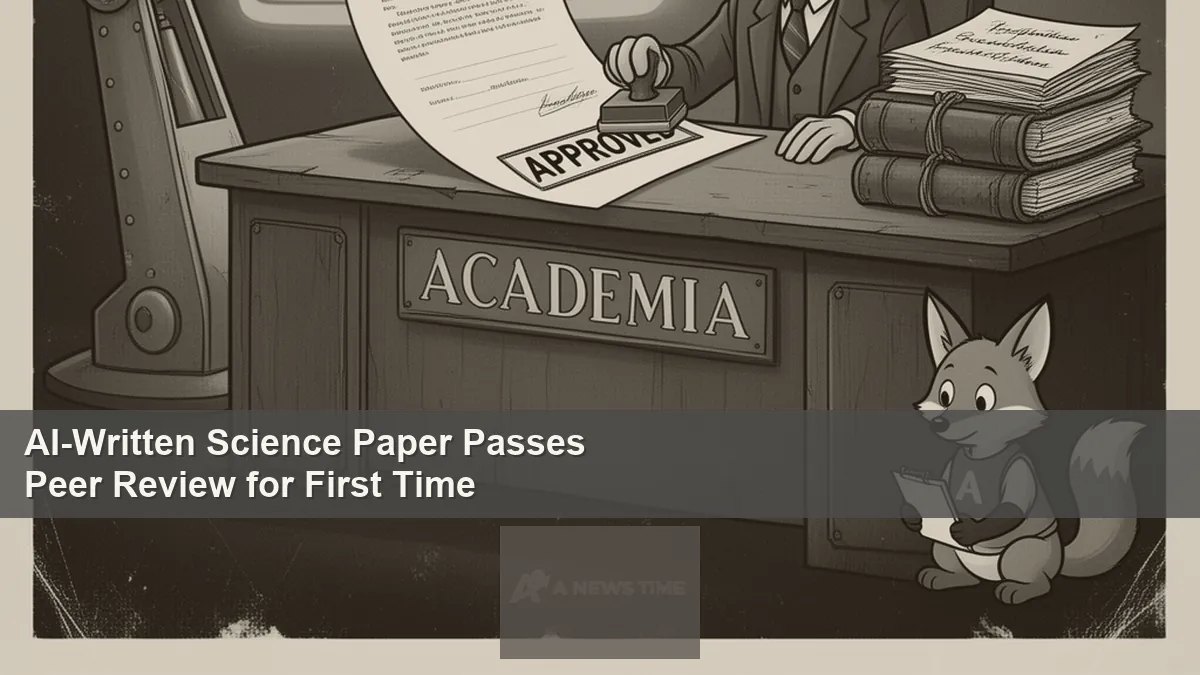 Artificial intelligence system generating scientific research papers stacked beside human researcher working at desk